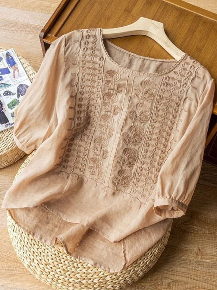 Round Neck Half Sleeve Floral Embroidered Linen Blouse