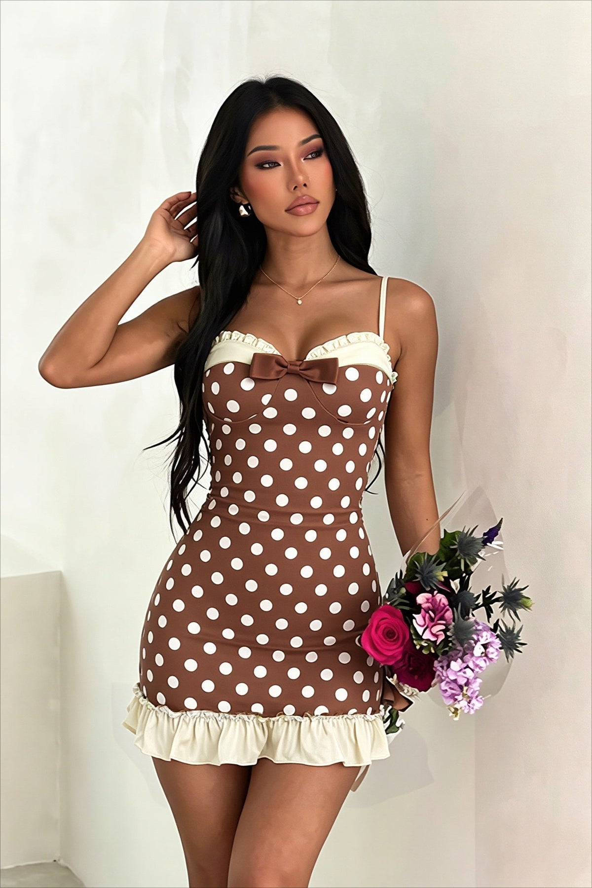 Polka Dot Sweetheart Neck Bow Front Ruffle Hem Bodycon Mini Dress 3