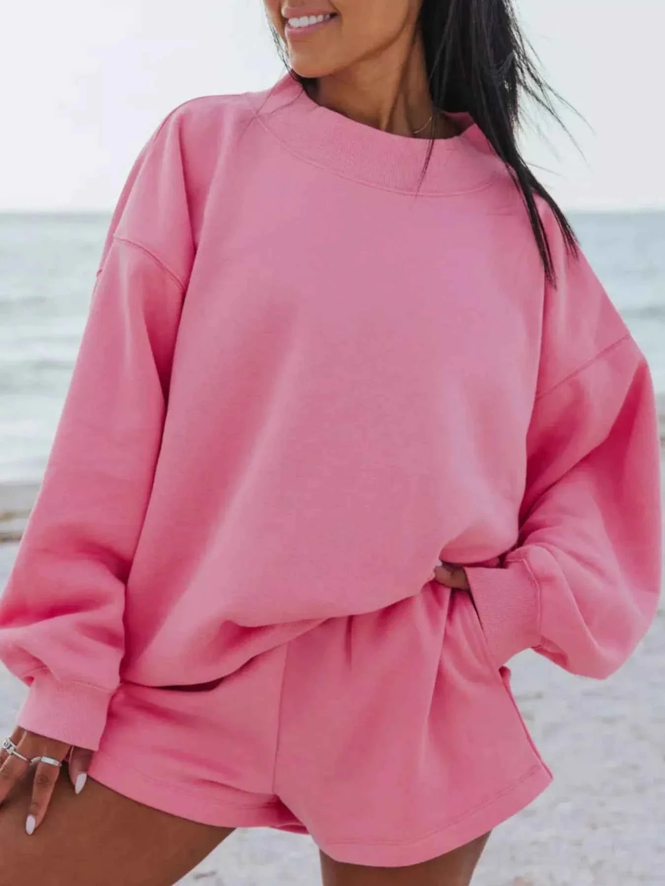 Relaxed Fit Round Neck Sweatshirt and Shorts Set