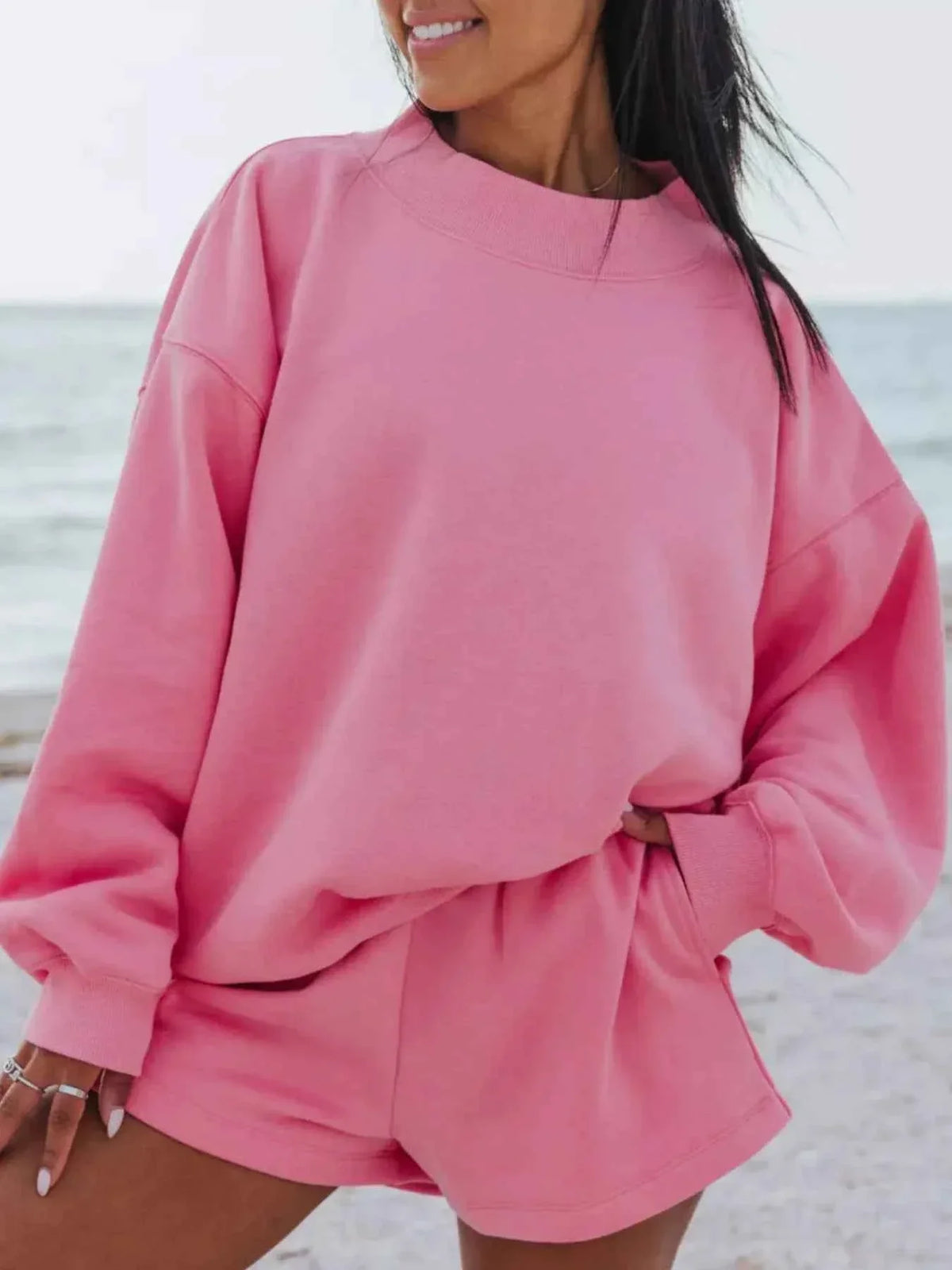 Oversized Crew Neck Sweatshirt and Elastic Waist Shorts Two Piece Set 4