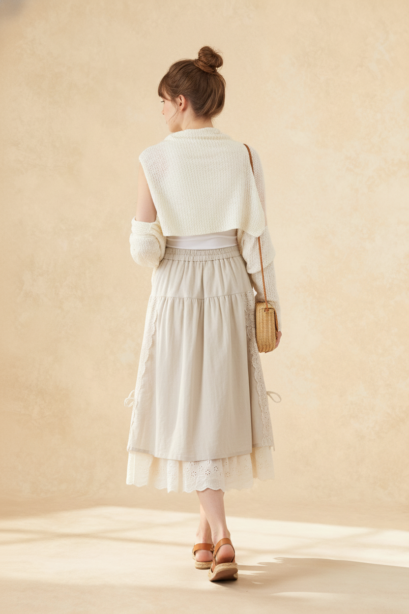 Elastic Waist Tiered Eyelet Lace Panel Side Tie Midi Skirt 4