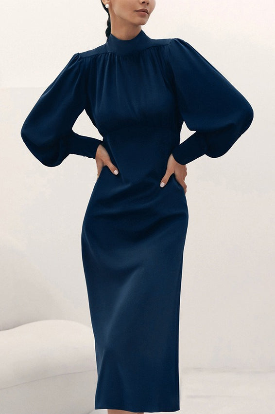 Mock Neck Bishop Sleeve Button Cuff High Waist A-Line Midi Cocktail Dress