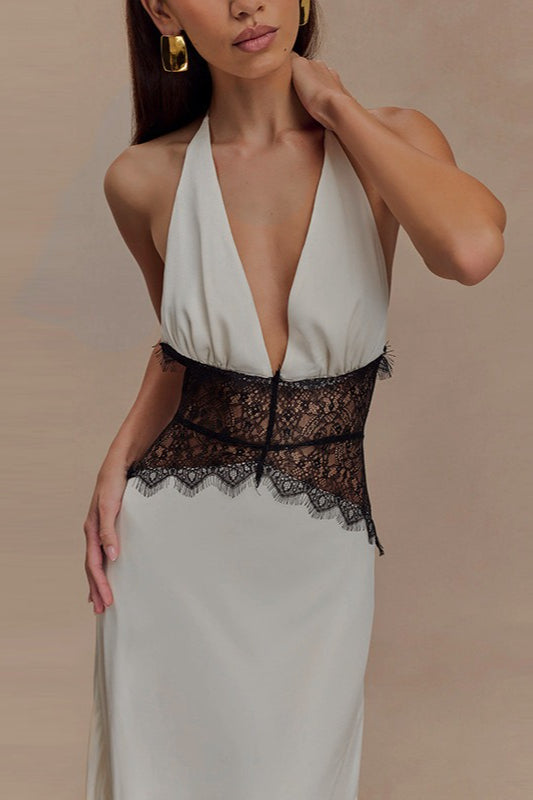 Satin Deep V-Neck Halter Neck Lace Waist Panel Maxi Dress 5