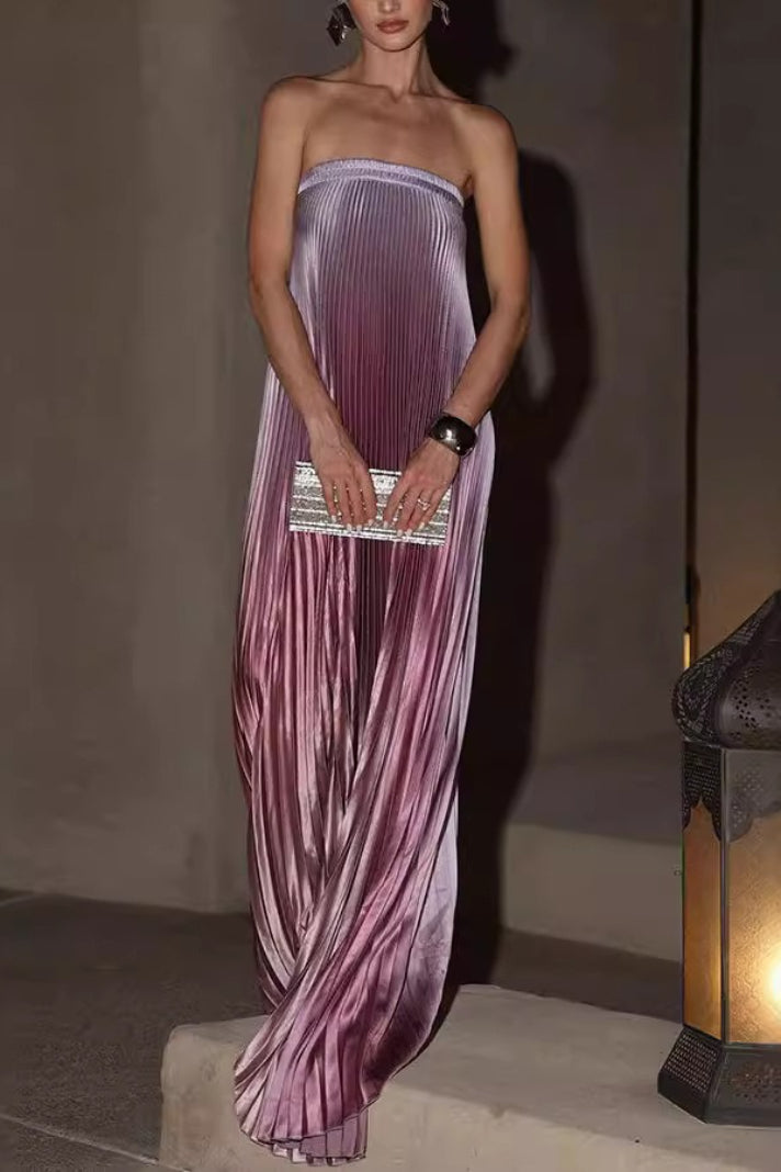 Ombre Strapless Pleated Prom Dress