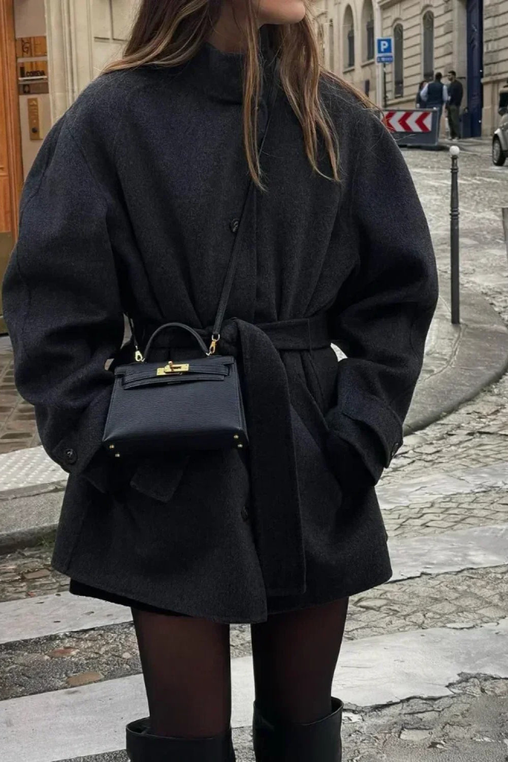 Woolen Turtleneck Belted Single-Breasted Overcoat