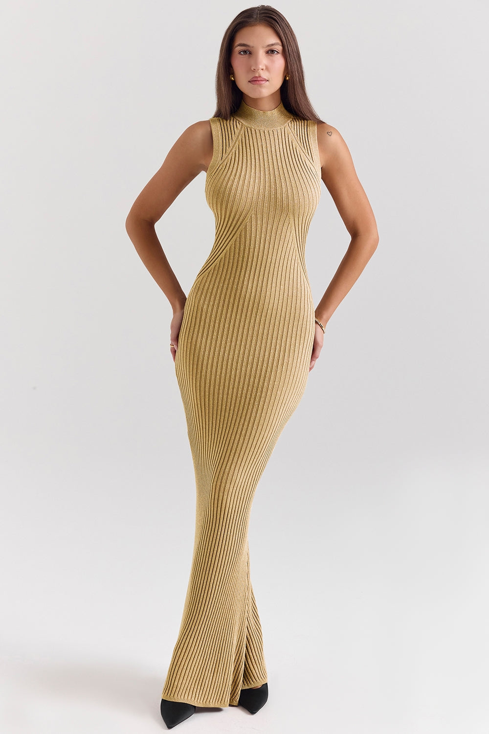 Metallic Ribbed Knit Mock Neck Sleeveless Bodycon Maxi Dress