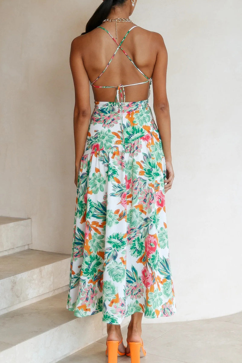 Floral Print One Shoulder Spaghetti Strap Side Cut Out A-Line Midi Dress
