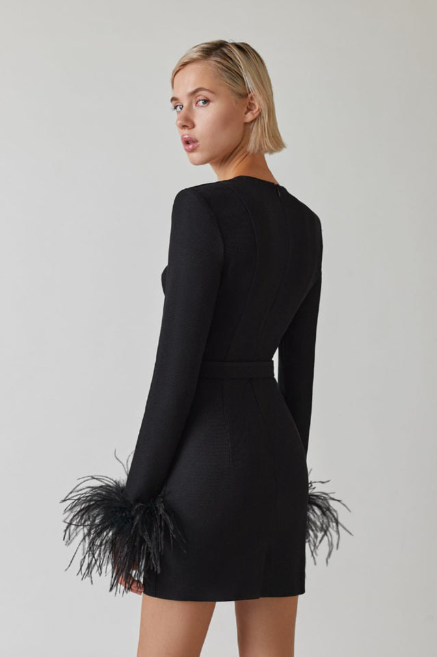 Feather Cuff Long Sleeve Sweetheart Bustier Bandage Mini Dress 11
