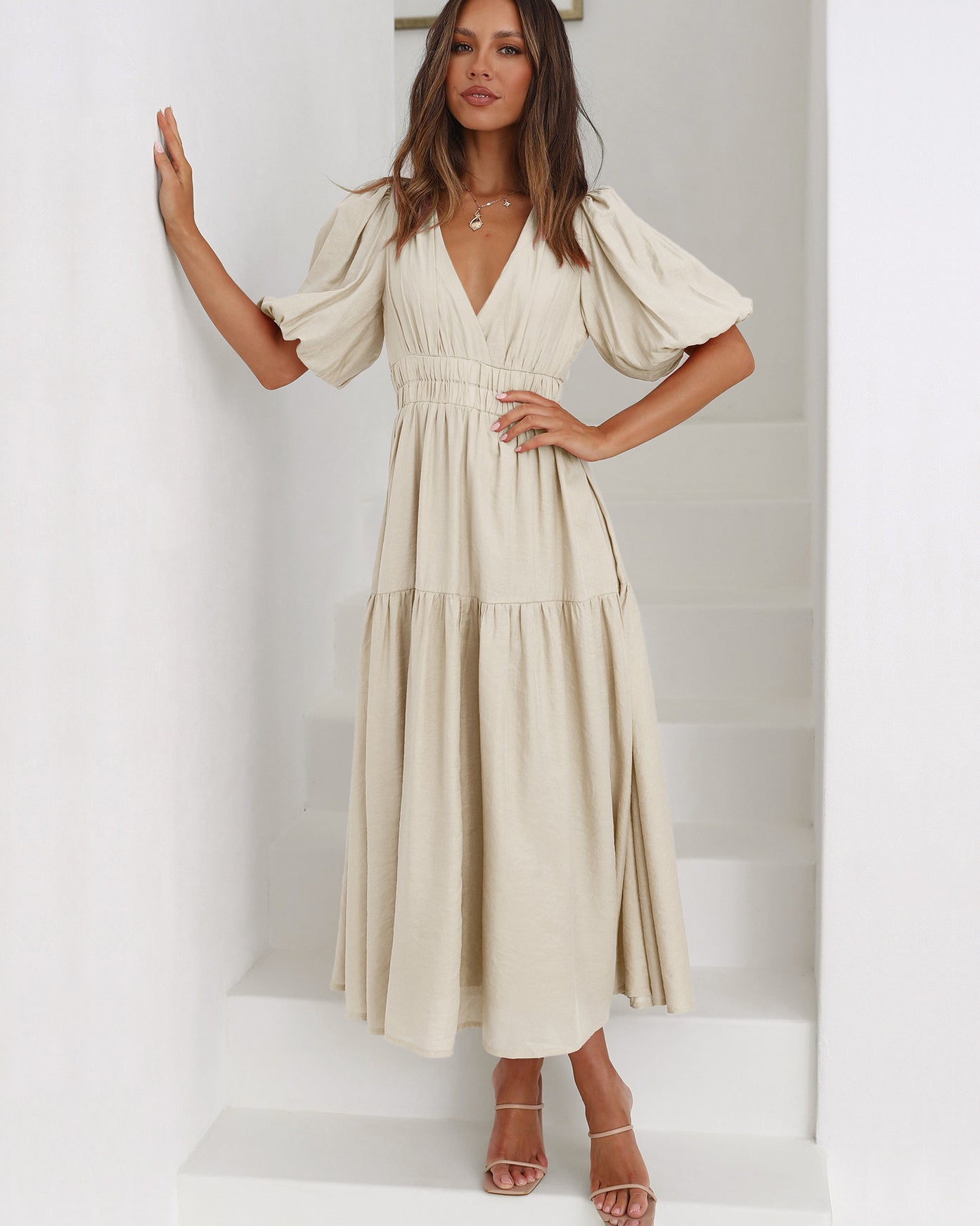 Exclusive Claudia Ruffle Midi Dress with V Neck and Puff Sleeves Premium Wardrobe Essential