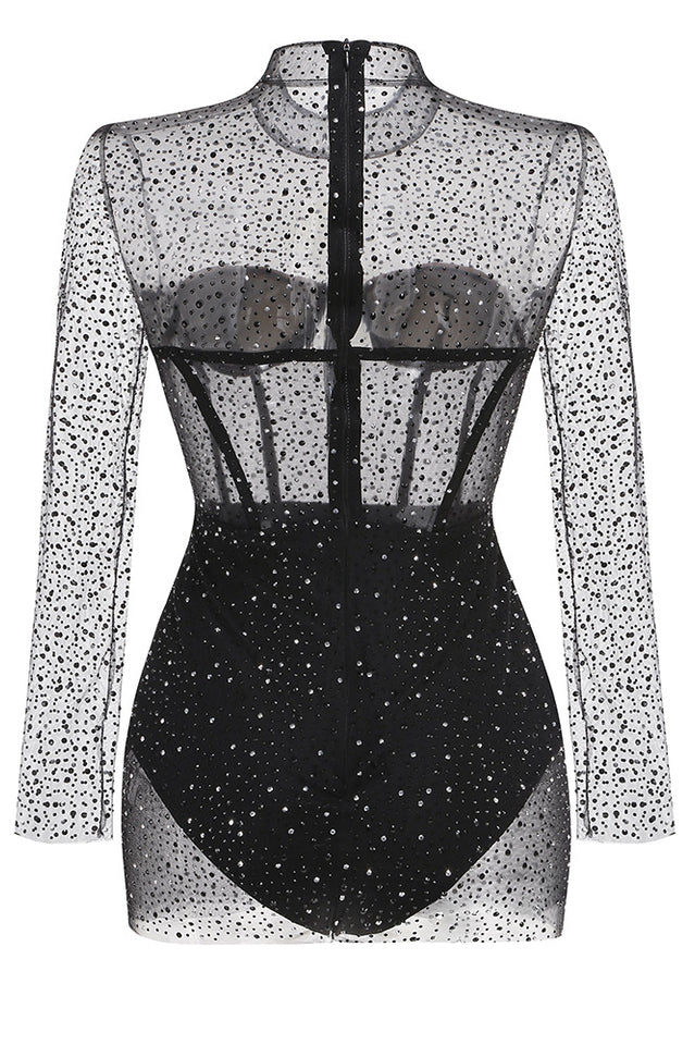 Adele Black Mesh Diamond Mini Dress