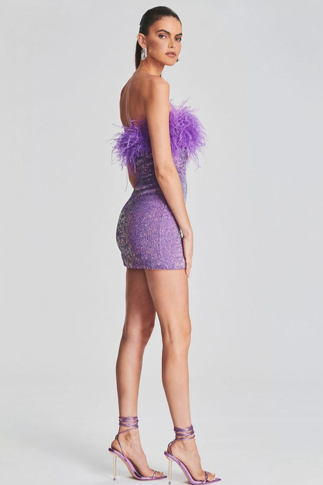 Strapless Feather Trim Sequin Bodycon Mini Party Dress 4