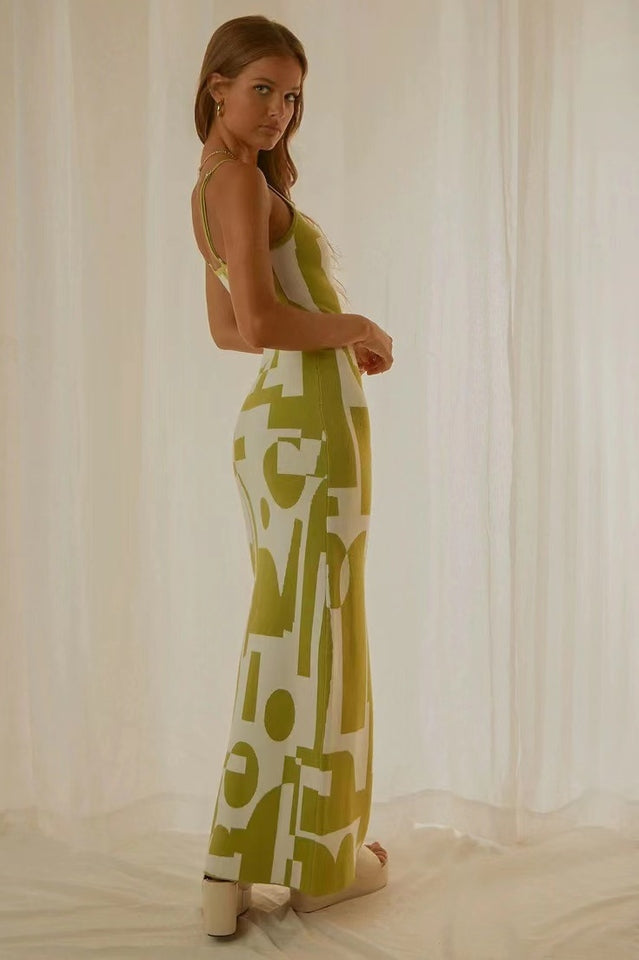 Abstract Print Knit Spaghetti Strap Bodycon Maxi Dress 3