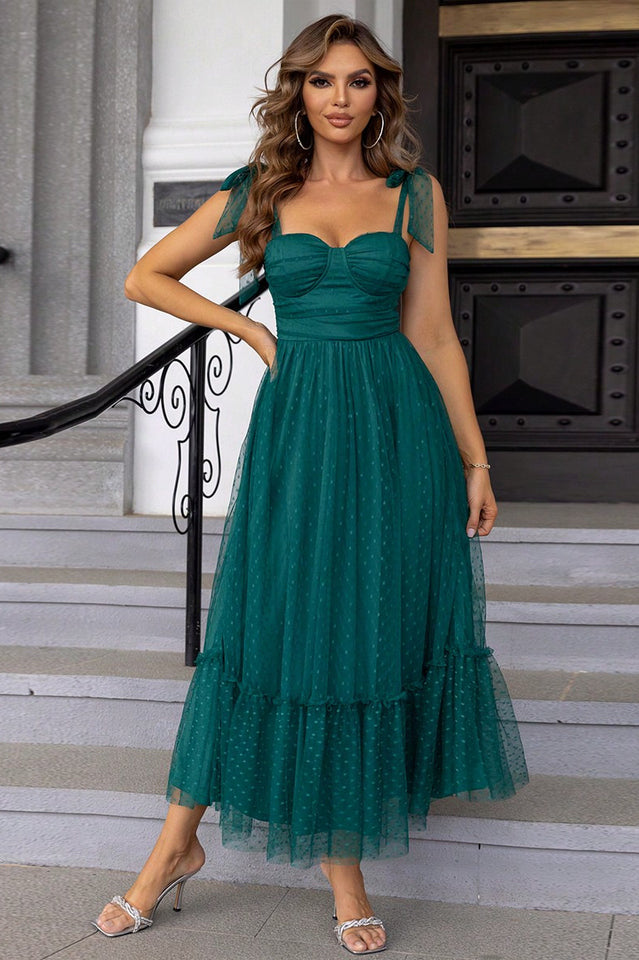 Tulle Swiss Dot Bustier Sweetheart Tie Shoulder Tiered Ruffle Maxi Dress