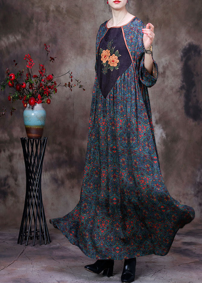Patchwork Print Round Neck Elbow Sleeve Gathered Waist Boho Maxi Dress
