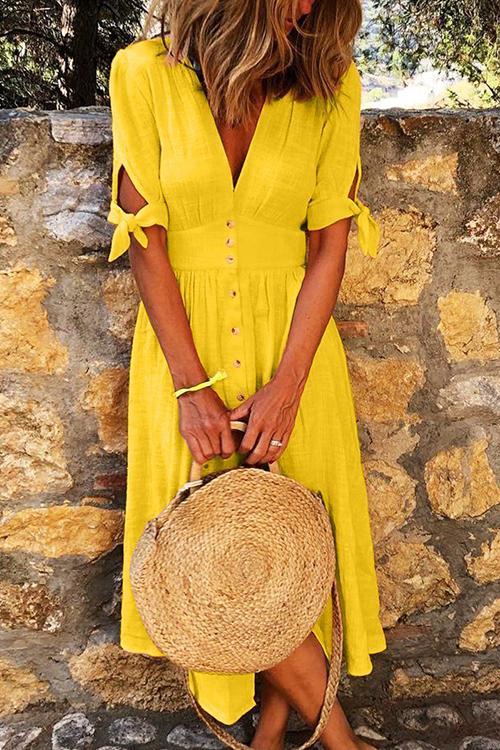 Deep V-Neck Puff Sleeve Tie Cuff Button Front Wide Waistband A-Line Midi Dress