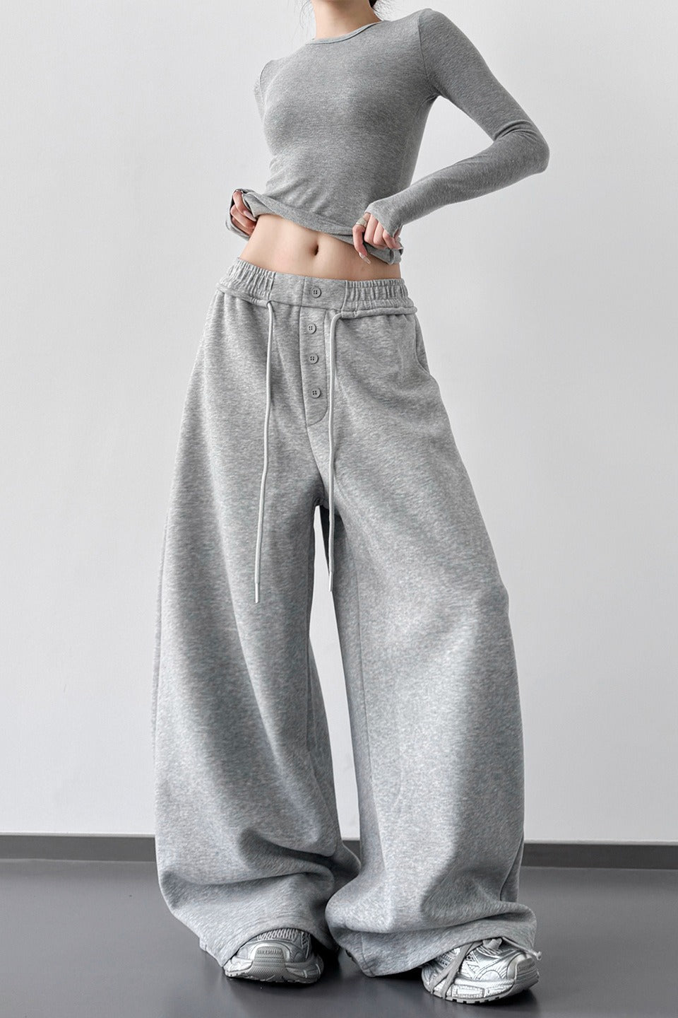 Button Fly Drawstring Elastic Waist Oversized Wide Leg Sweatpants 2