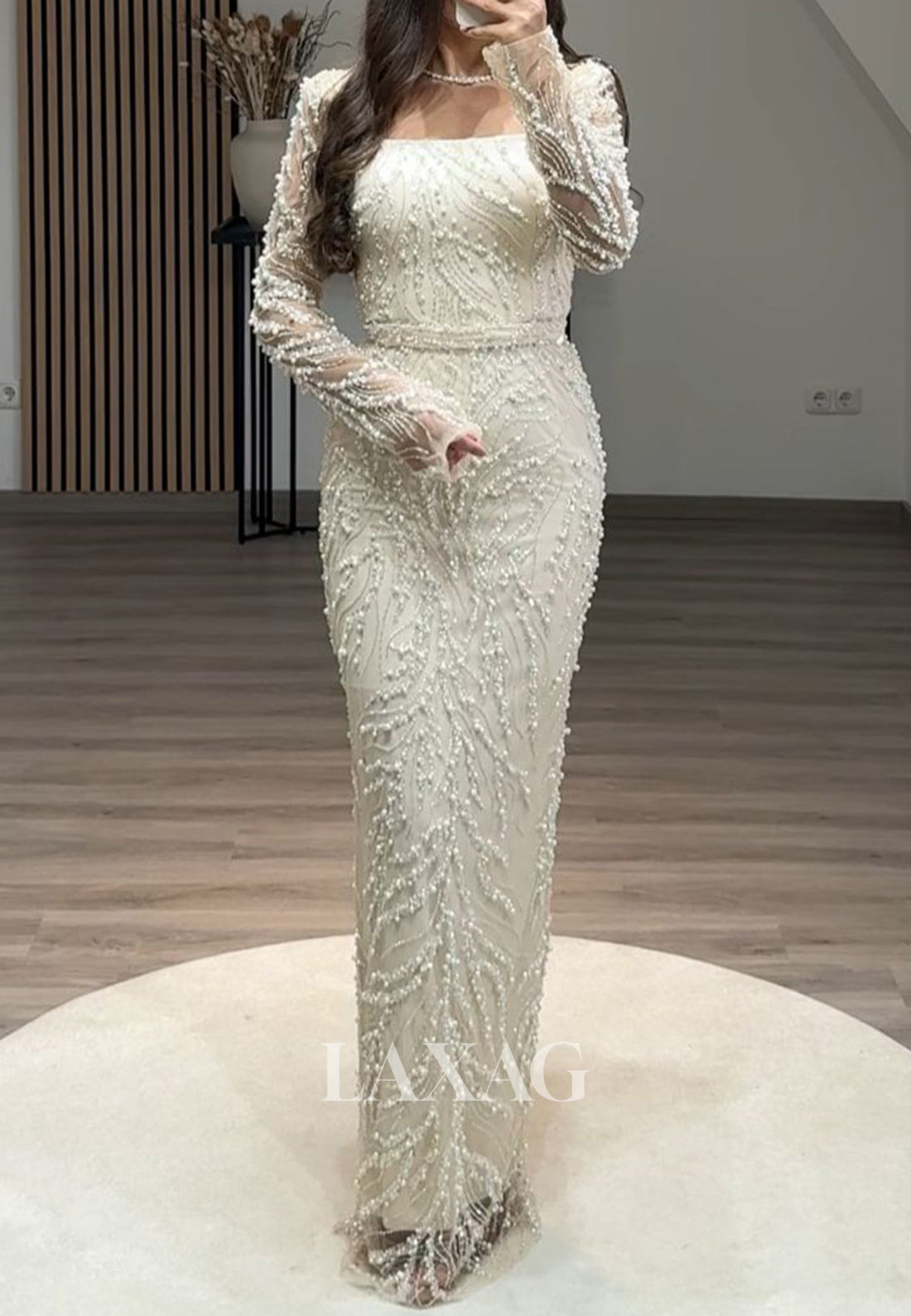 Square-Neck Long Sleeves Pleated Mermaid Prom Dress Beaded Sequined Floor-Length Evening Gowns