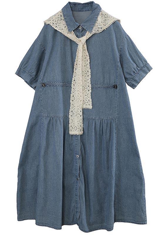 Crochet Lace Shawl Denim Button Front Tiered Midi Shirt Dress Set
