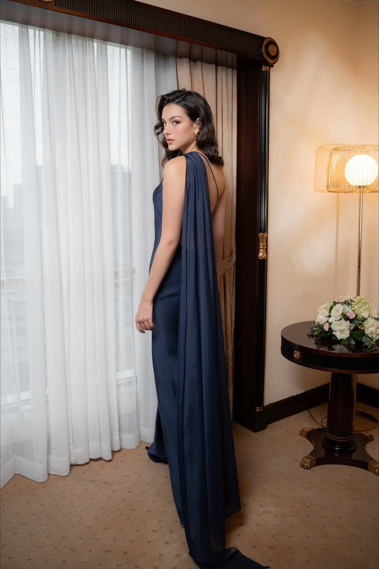 Satin One Shoulder Draped Cape Sheath Gown