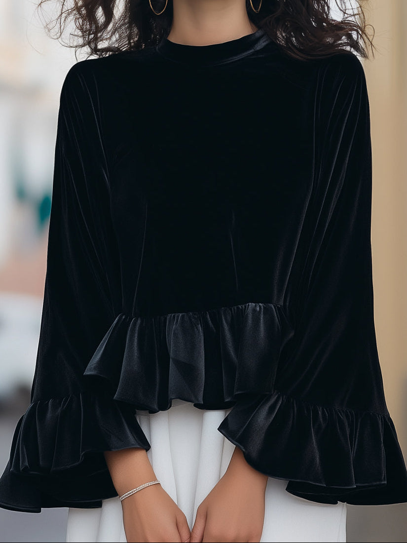 Mock Neck Bell Sleeve Velvet Ruffle Hem Top
