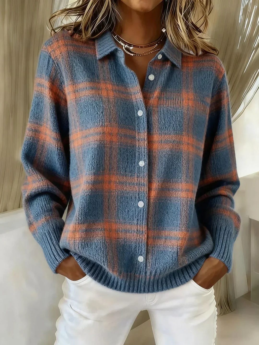 Plaid Collared Button Front Knit Cardigan