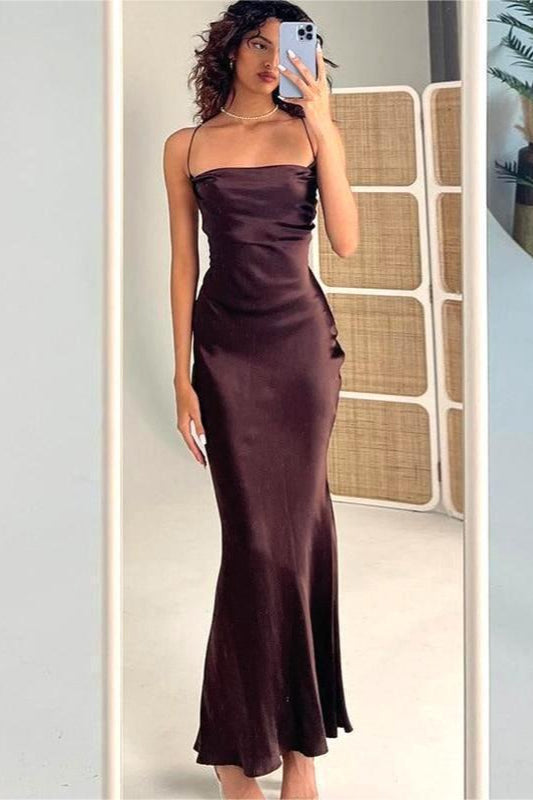 Satin Cowl Neck Spaghetti Strap Slim Maxi Prom Dress