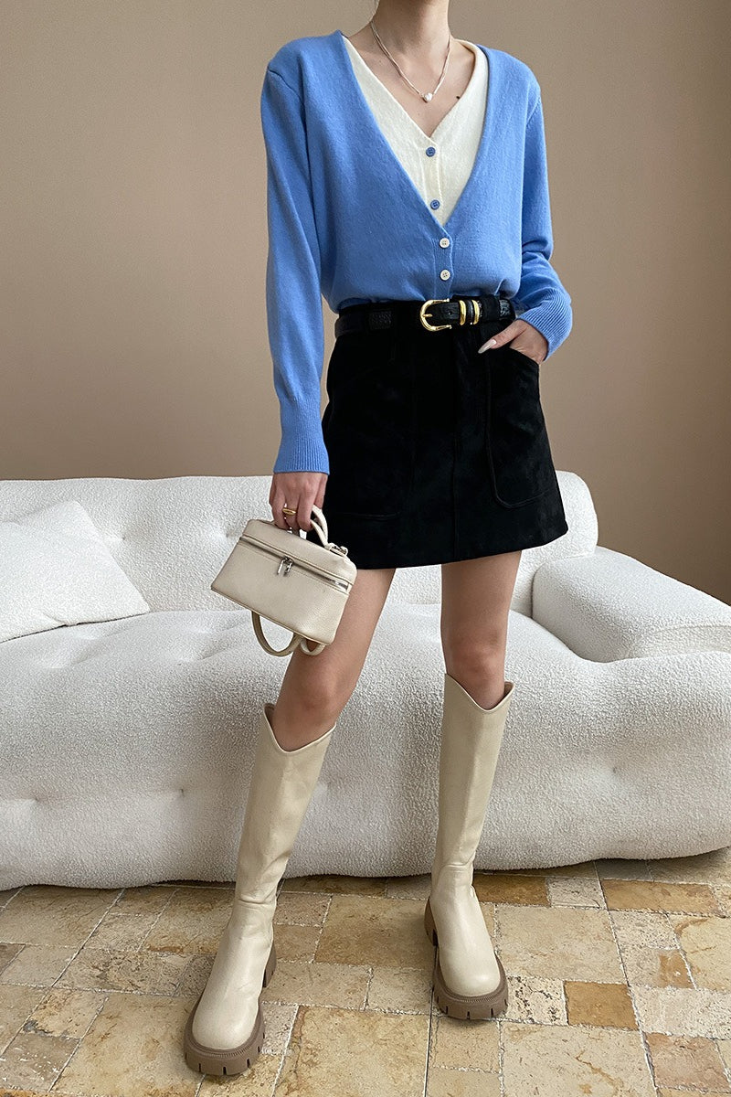 V-Neck Long Sleeve Two Tone Layered Look Button Front Knit Cardigan 8