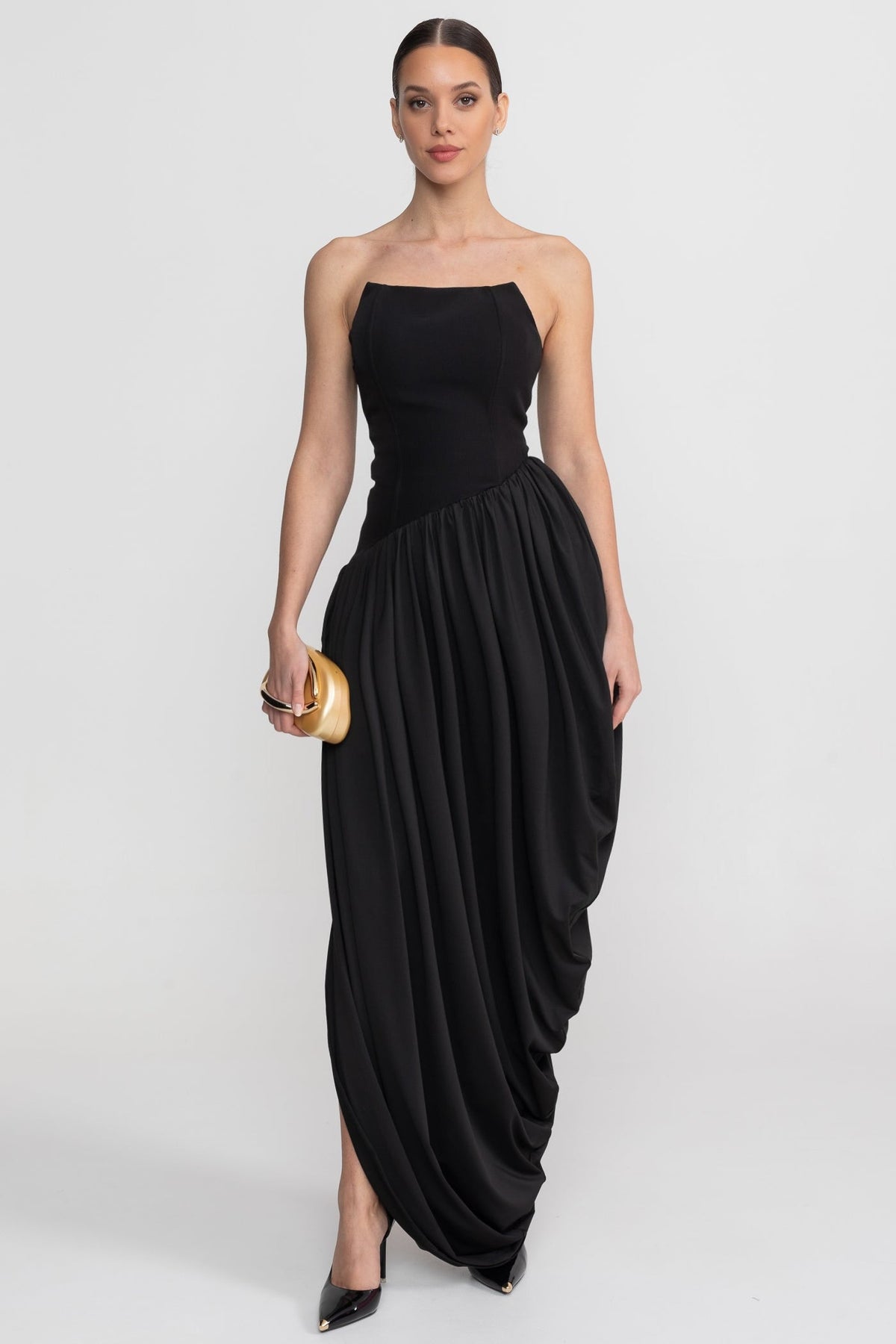 Strapless Corset Bodice Asymmetric Draped Skirt Maxi Dress