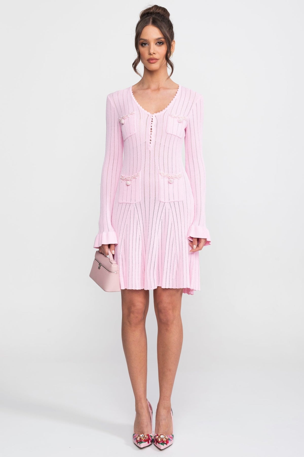 Ribbed Knit Scoop Neck Long Sleeve Ruffle Cuff Pocket Mini Dress 2