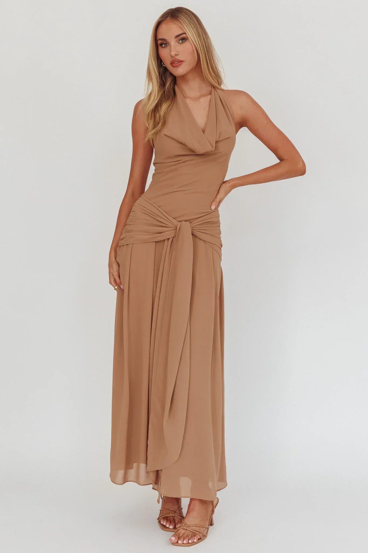Chiffon Cowl Neck Halter Tie Front Drop Waist Maxi Dress 4