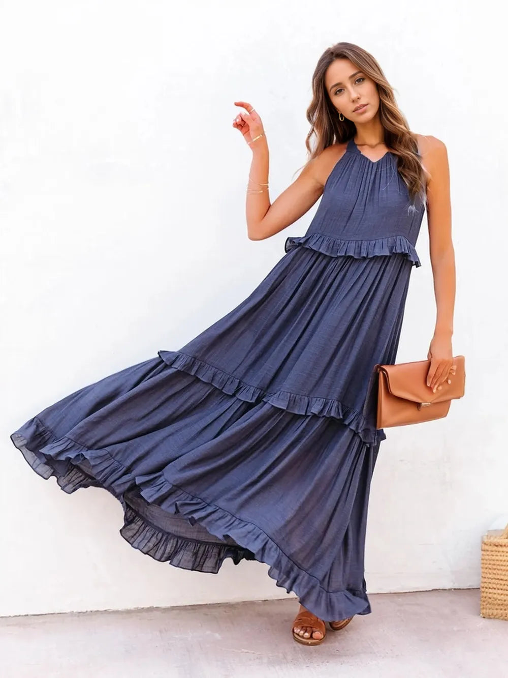 Halter Neck Sleeveless Tiered Ruffle Maxi Dress 12
