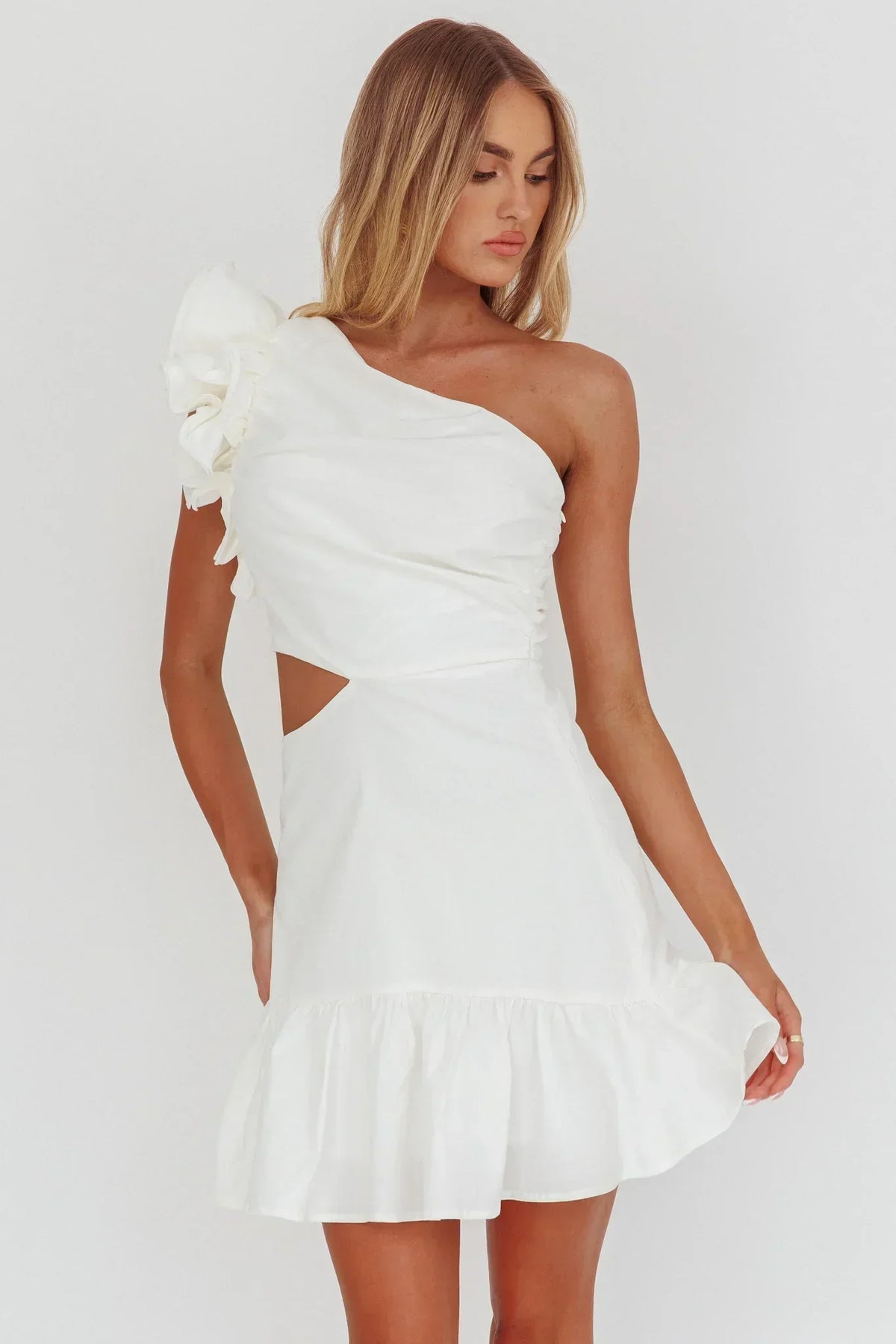 Ruffle One Shoulder Side Cut Out Ruffle Hem Mini Dress 3