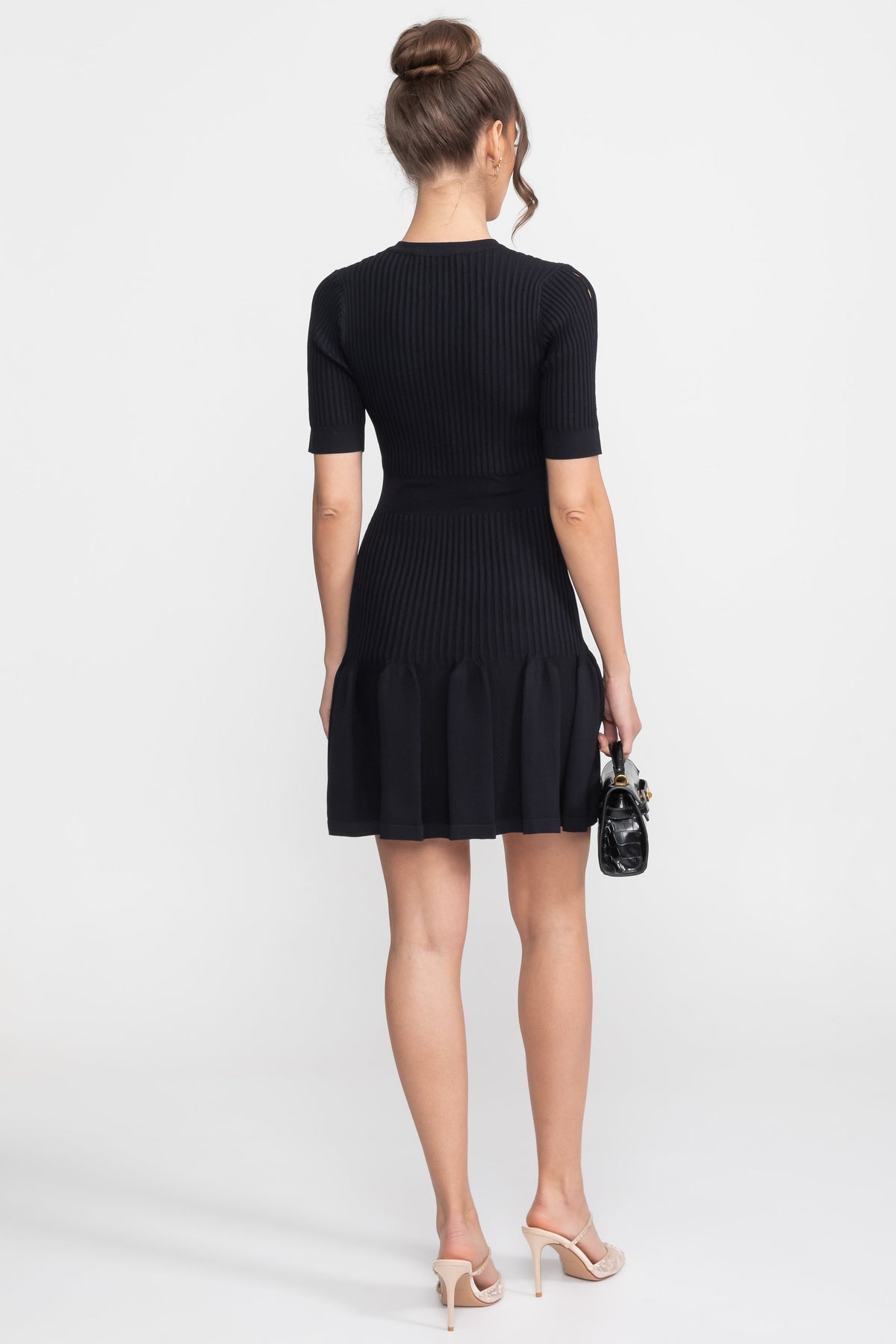 Ribbed Knit Keyhole Neck Short Sleeve Flounce Hem Mini Dress 4