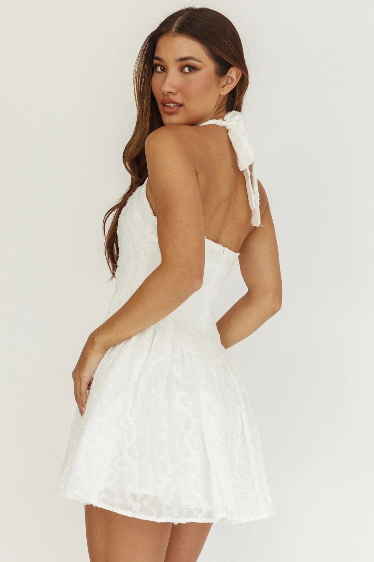 Floral Applique Square Neck Halter Fit and Flare Mini Dress 2