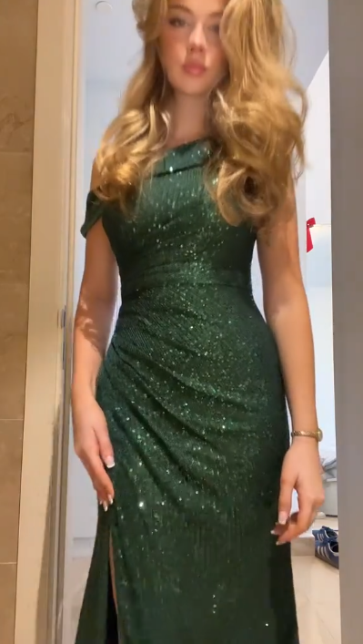 Vintage Green Off The Shoulder Sequin Slit Mermaid Evening Dress Long Wedding Guest Dress D1015