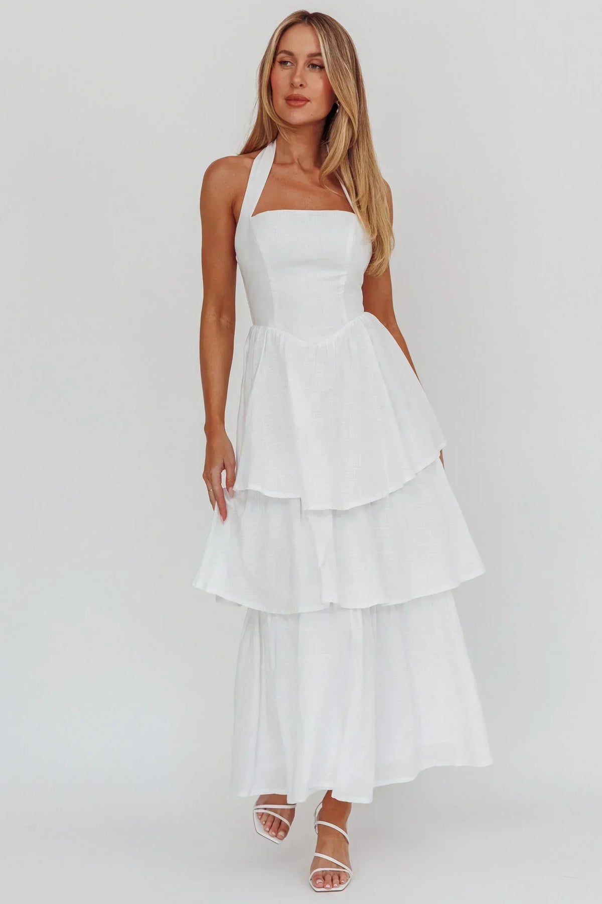 Halter Neck Square Neckline Basque Waist Tiered Ruffle Maxi Dress 4