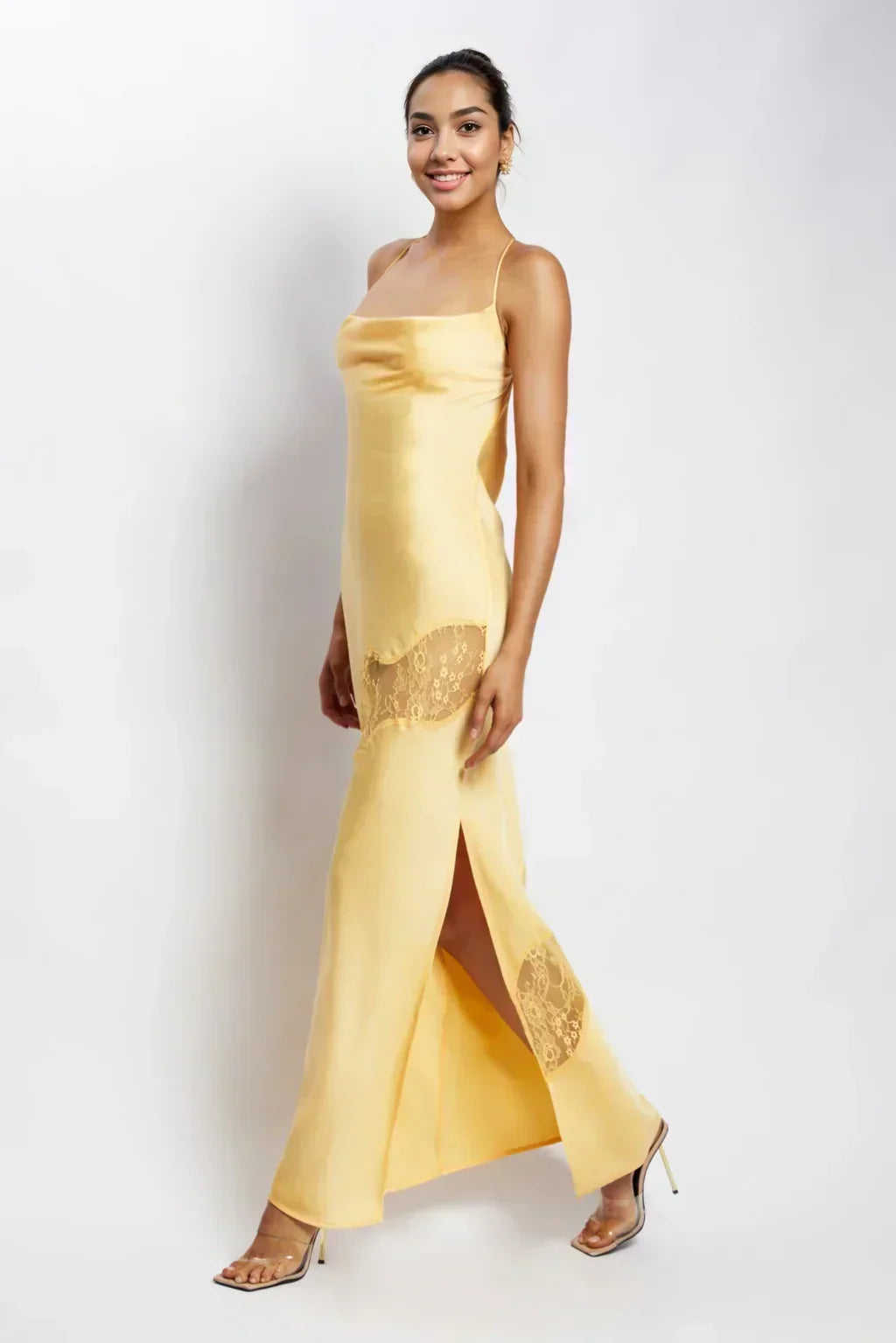 Satin Lace Insert Cowl Neck Spaghetti Strap Maxi Dress 4