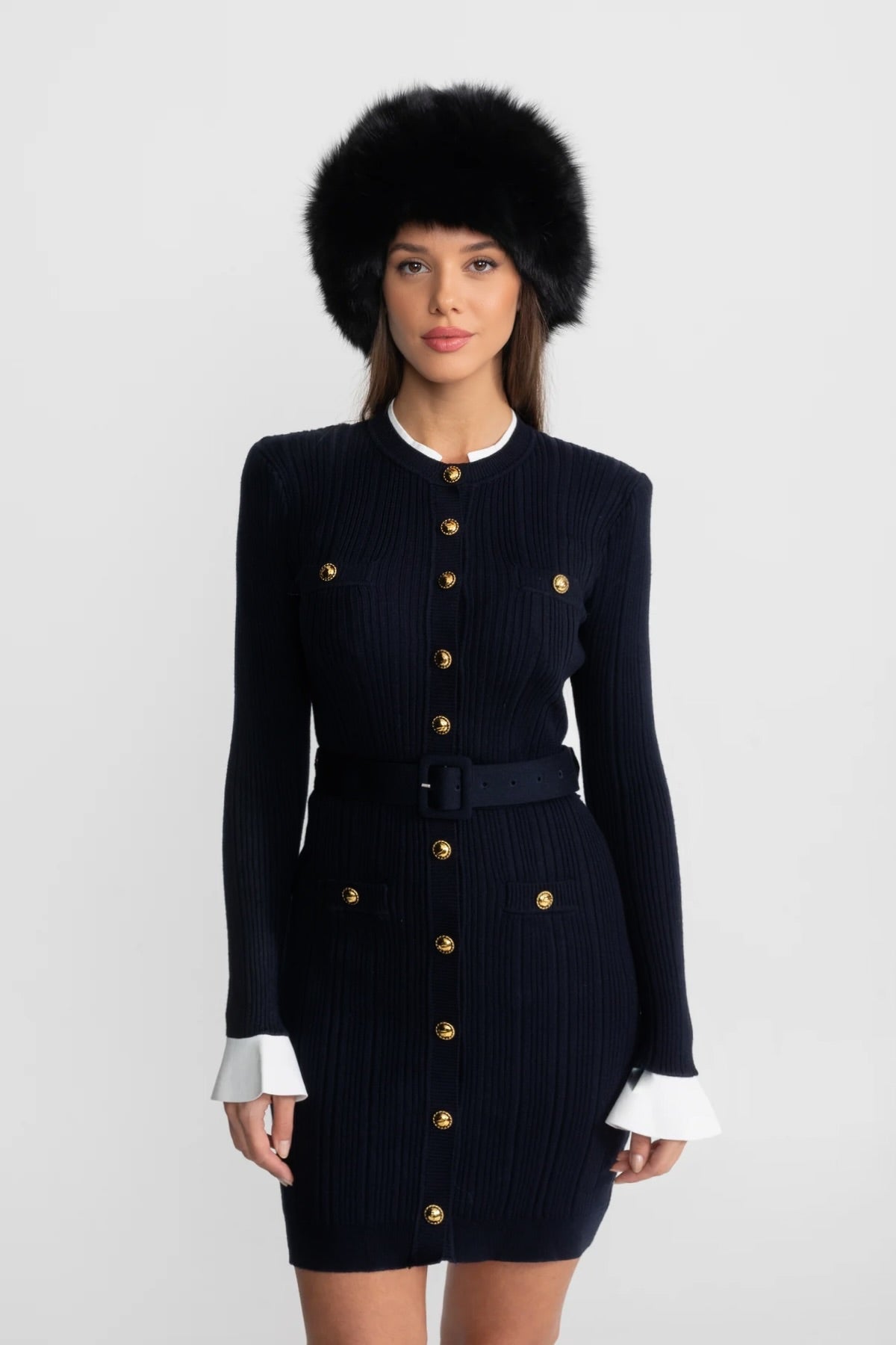 Ribbed Knit Button Front Belted Long Sleeve Contrast Cuff Bodycon Mini Dress