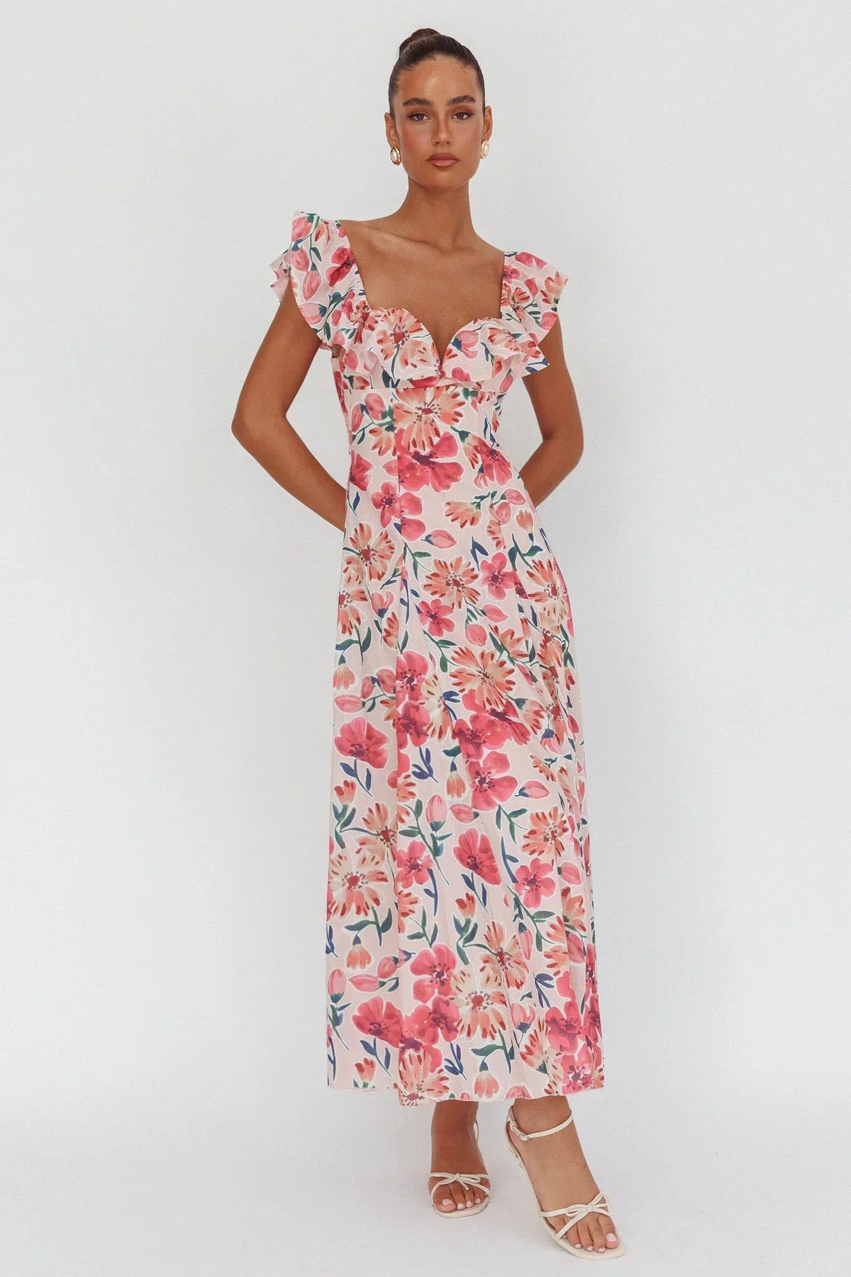 Palms Ruffle Sleeve Tied Back Maxi Dress Floral Pink