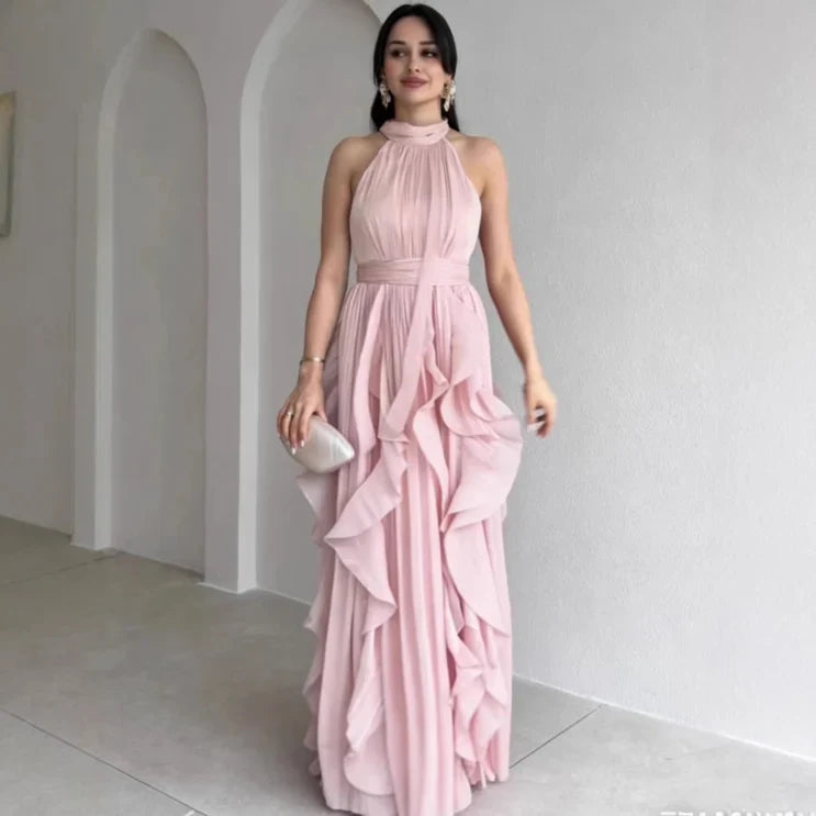 Halter Neck Cascade Ruffle Chiffon Maxi Gown