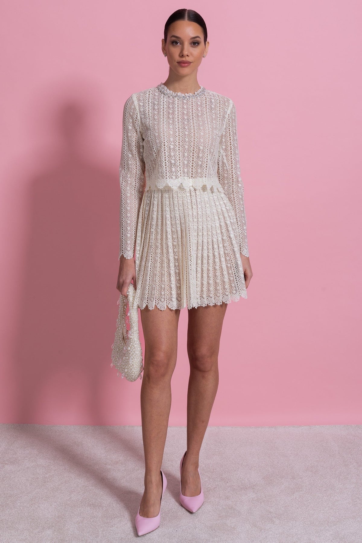 Crochet Lace High Neck Long Sleeve Pleated Scalloped Hem Mini Dress 3