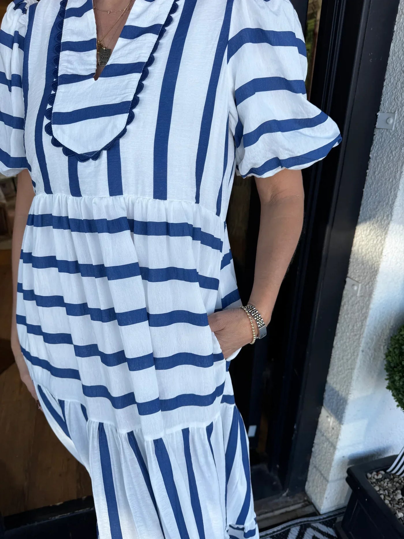 Striped V-Neck Puff Sleeve Tiered Midi Dress 4