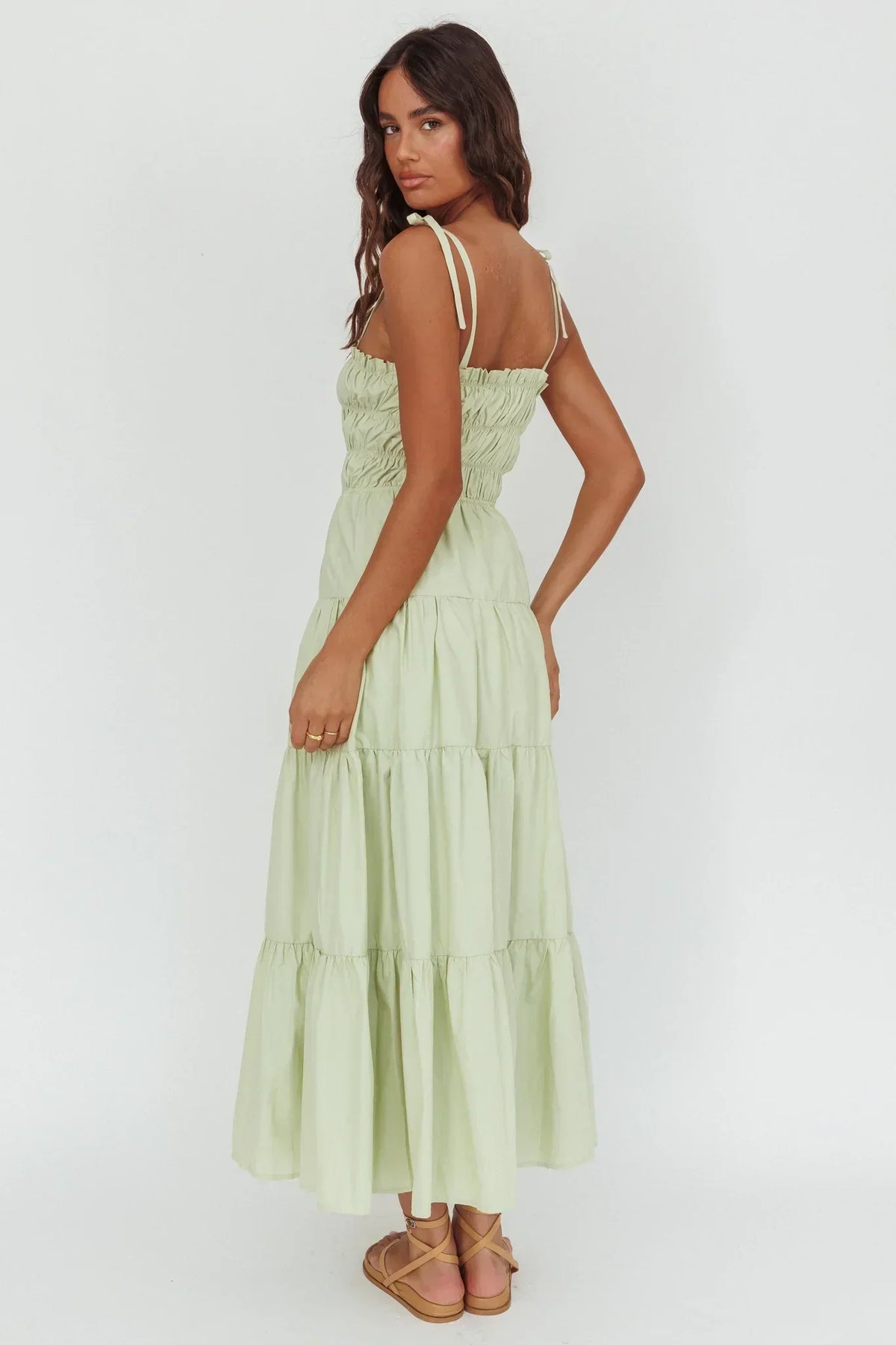 Tie Shoulder Smocked Bodice Bow Front Tiered Maxi Dress 2