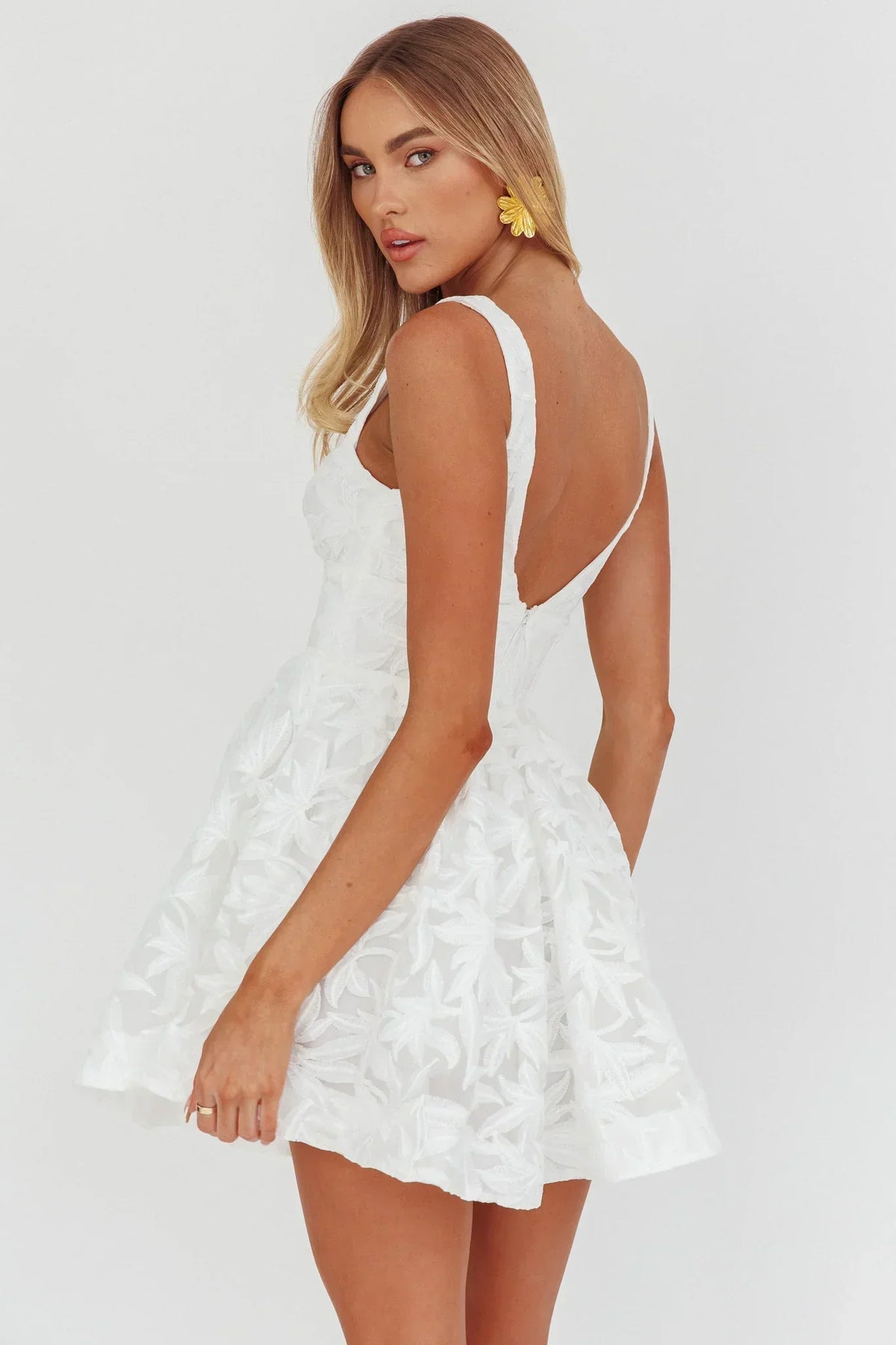 Embroidered Organza Square Neck Fit and Flare Mini Dress 3