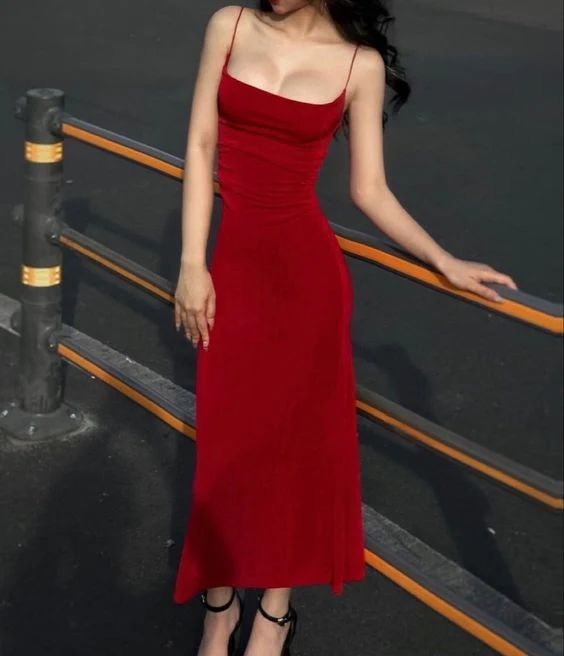 Charming Red Straps Sheath Satin Prom Dress Long Party Evening Gown cc1838