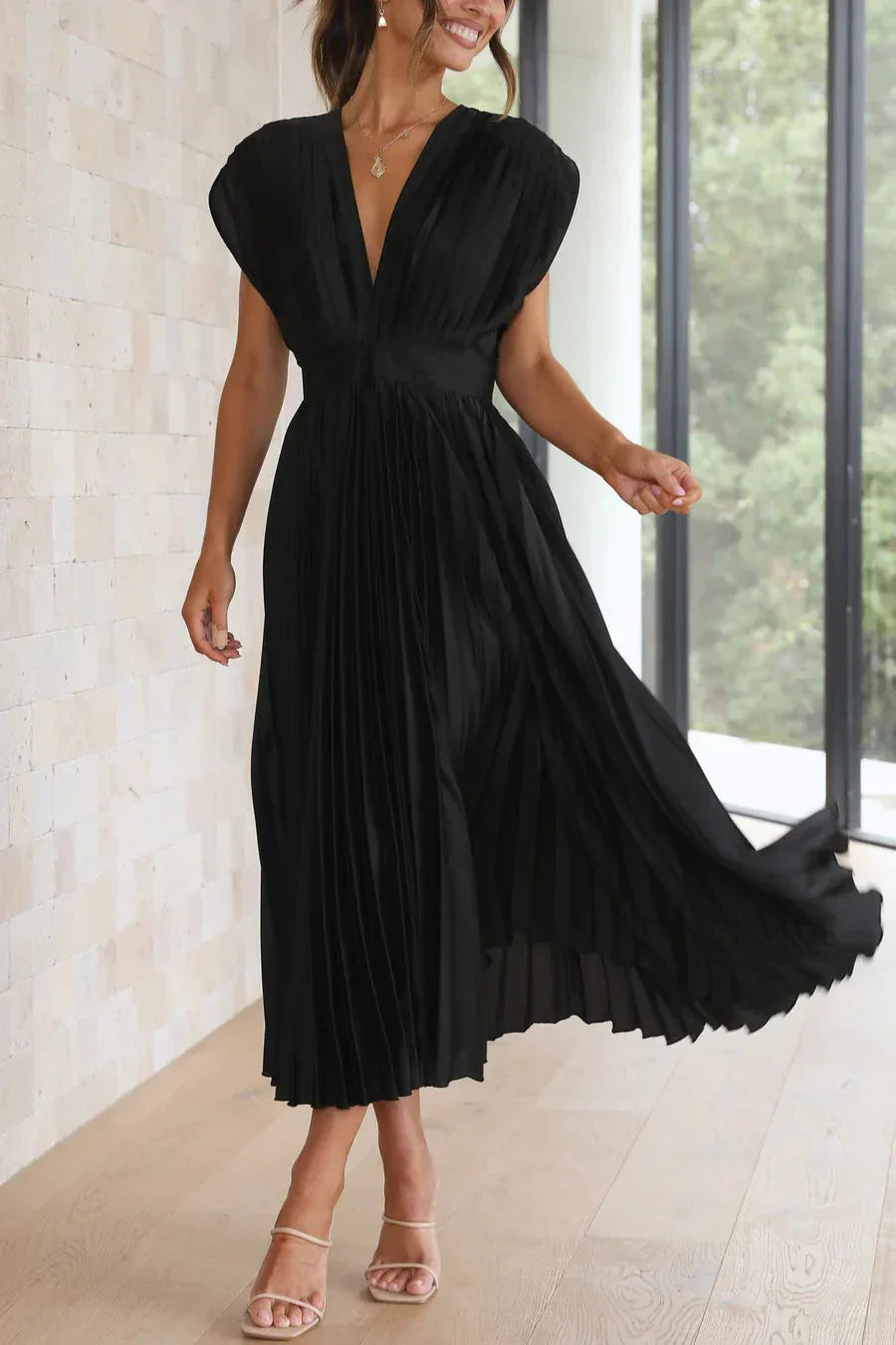Cristina Effortless Dress Pleated V Neck Midi Chic Silhouette Collection