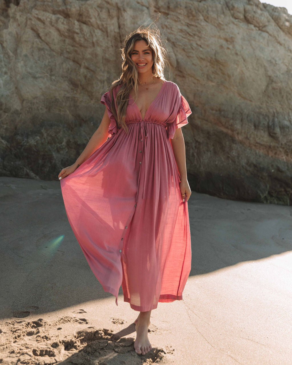 Anika Pocketed Button Down Ruffle Maxi Dress Desert Rose