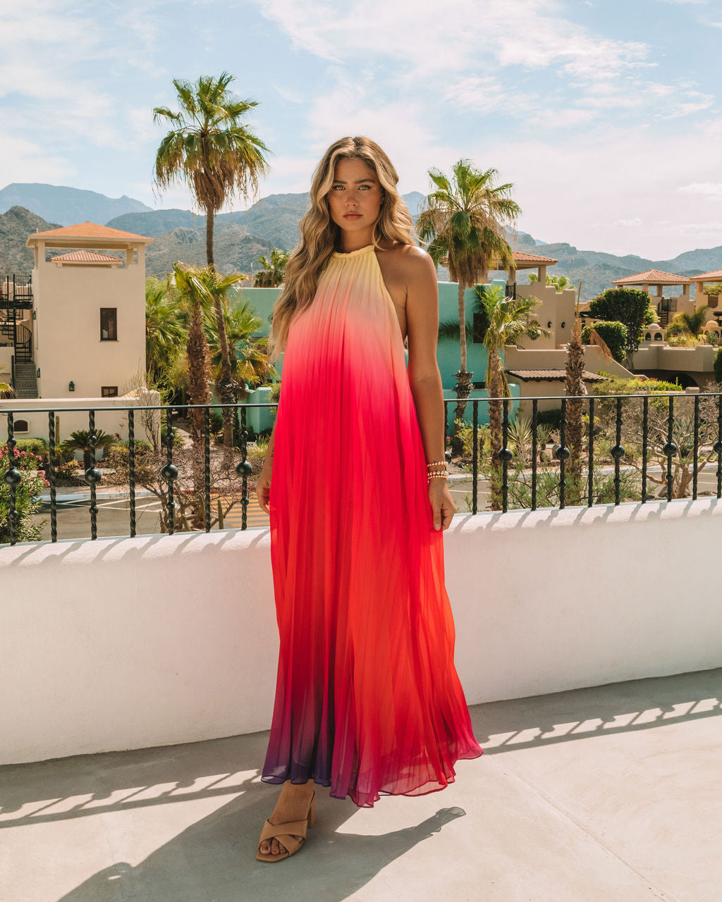 Mykonos Pleated Ombre Halter Maxi Dress Pink Red