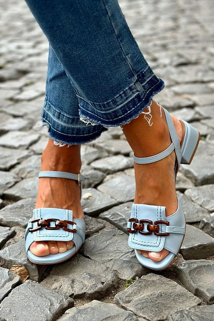 Open Toe Chain Detail Ankle Strap Block Heel Sandals