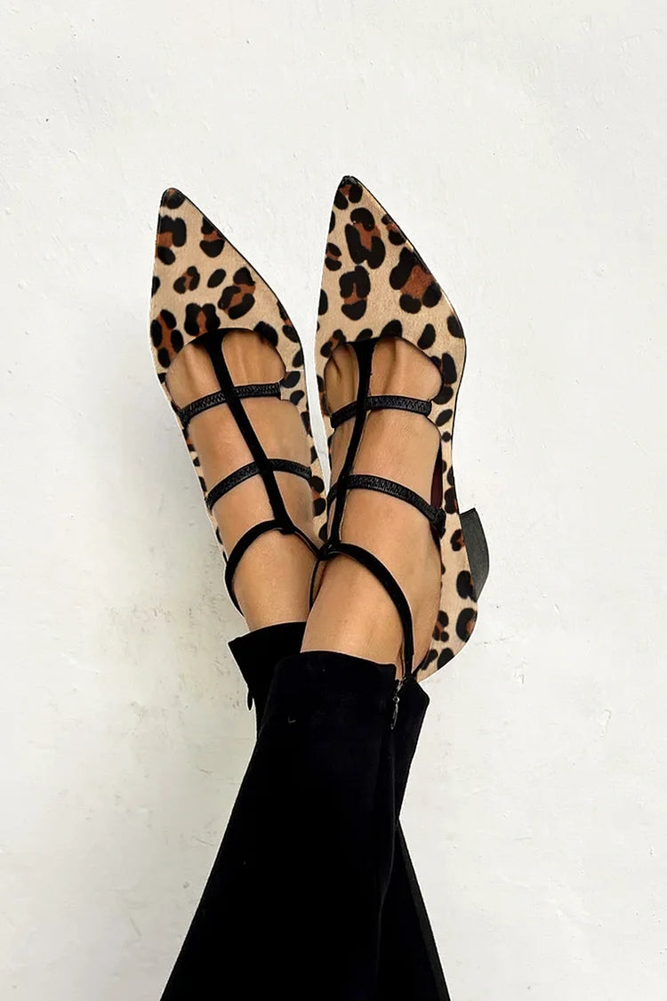 Leopard Print Pointed Toe Strappy Flats